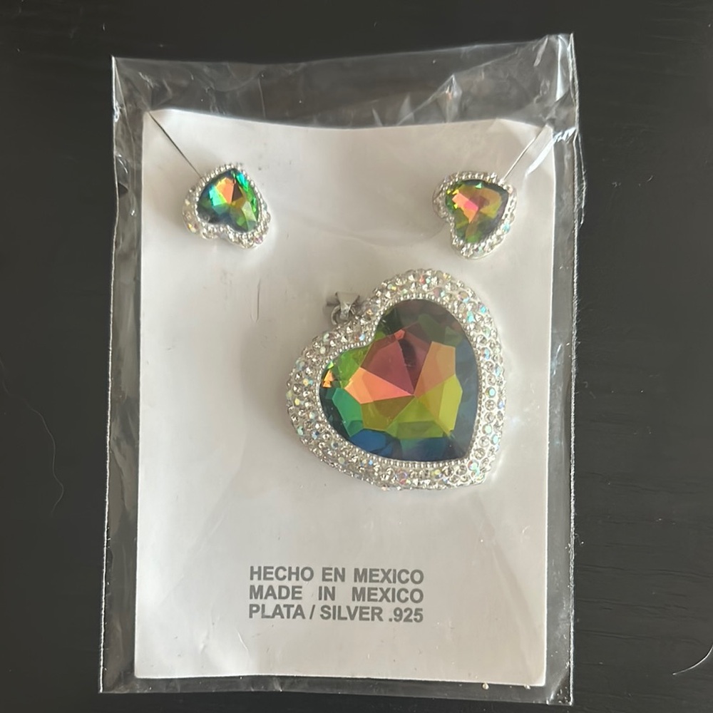 Silver Heart Jewelry Set with Multicolor Gemstones